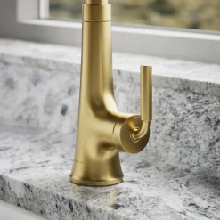 Pull-down kitchen sink faucet with three-function sprayhead