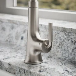 Pull-down kitchen sink faucet with three-function sprayhead
