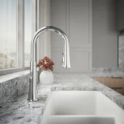 Pull-down kitchen sink faucet with three-function sprayhead