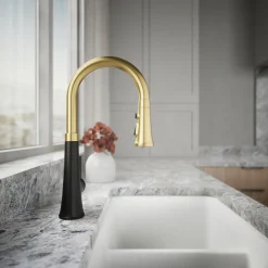 Pull-down kitchen sink faucet with three-function sprayhead