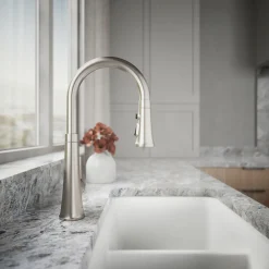 Pull-down kitchen sink faucet with three-function sprayhead