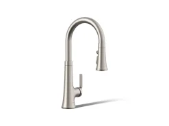 Pull-down kitchen sink faucet with three-function sprayhead