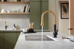Pull-down kitchen sink faucet with three-function sprayhead