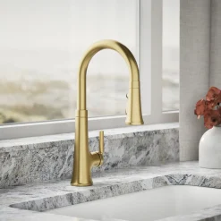 Pull-down kitchen sink faucet with three-function sprayhead