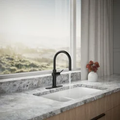Pull-down kitchen sink faucet with three-function sprayhead