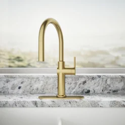 Pull-down kitchen sink faucet with three-function sprayhead