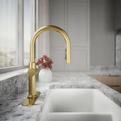 Pull-down kitchen sink faucet with three-function sprayhead