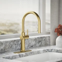 Pull-down kitchen sink faucet with three-function sprayhead