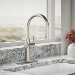 Pull-down kitchen sink faucet with three-function sprayhead