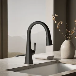 Pull-down kitchen sink faucet with three-function sprayhead