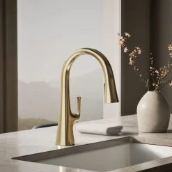 Pull-down kitchen sink faucet with three-function sprayhead