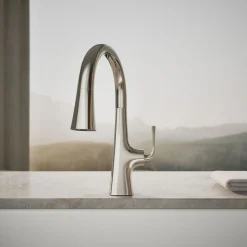 Pull-down kitchen sink faucet with three-function sprayhead