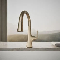 Pull-down kitchen sink faucet with three-function sprayhead