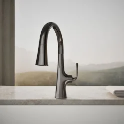 Pull-down kitchen sink faucet with three-function sprayhead