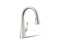 Pull-down kitchen sink faucet with three-function sprayhead
