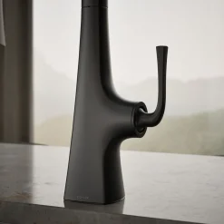 Pull-down kitchen sink faucet with three-function sprayhead