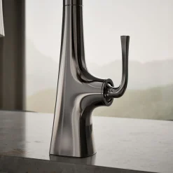 Pull-down kitchen sink faucet with three-function sprayhead