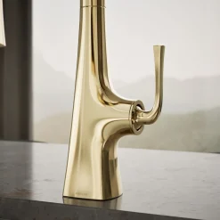 Pull-down kitchen sink faucet with three-function sprayhead