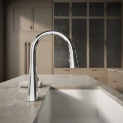 Pull-down kitchen sink faucet with three-function sprayhead