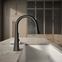 Pull-down kitchen sink faucet with three-function sprayhead