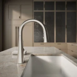 Pull-down kitchen sink faucet with three-function sprayhead