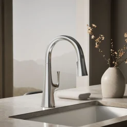 Pull-down kitchen sink faucet with three-function sprayhead