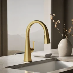 Pull-down kitchen sink faucet with three-function sprayhead