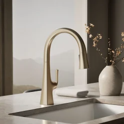 Pull-down kitchen sink faucet with three-function sprayhead