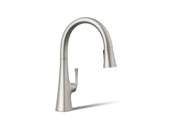 Pull-down kitchen sink faucet with three-function sprayhead