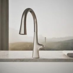 Pull-down kitchen sink faucet with three-function sprayhead