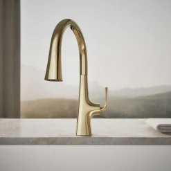 Pull-down kitchen sink faucet with three-function sprayhead