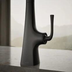 Pull-down kitchen sink faucet with three-function sprayhead