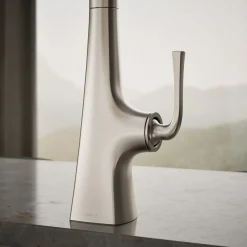 Pull-down kitchen sink faucet with three-function sprayhead