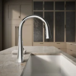Pull-down kitchen sink faucet with three-function sprayhead
