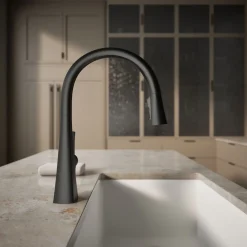 Pull-down kitchen sink faucet with three-function sprayhead