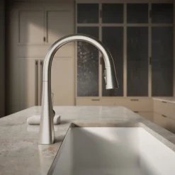 Pull-down kitchen sink faucet with three-function sprayhead