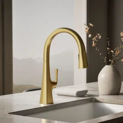 Pull-down kitchen sink faucet with three-function sprayhead