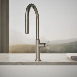 Pull-down kitchen sink faucet with two-function sprayhead