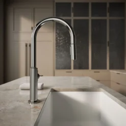 Pull-down kitchen sink faucet with two-function sprayhead