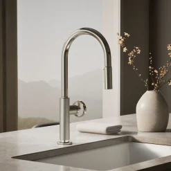 Pull-down kitchen sink faucet with two-function sprayhead
