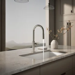 Pull-down kitchen sink faucet with two-function sprayhead