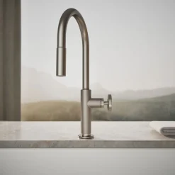 Pull-down kitchen sink faucet with two-function sprayhead