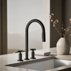 Pull-down kitchen sink faucet with two-function sprayhead