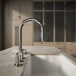Pull-down kitchen sink faucet with two-function sprayhead