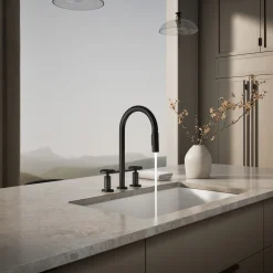 Pull-down kitchen sink faucet with two-function sprayhead