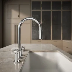 Pull-down kitchen sink faucet with two-function sprayhead