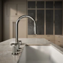 Pull-down kitchen sink faucet with two-function sprayhead