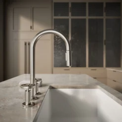 Pull-down kitchen sink faucet with two-function sprayhead