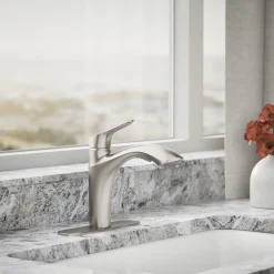 Pull-out kitchen sink faucet with two-function sprayhead