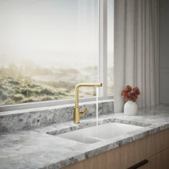 Pull-out kitchen sink faucet with two-function sprayhead